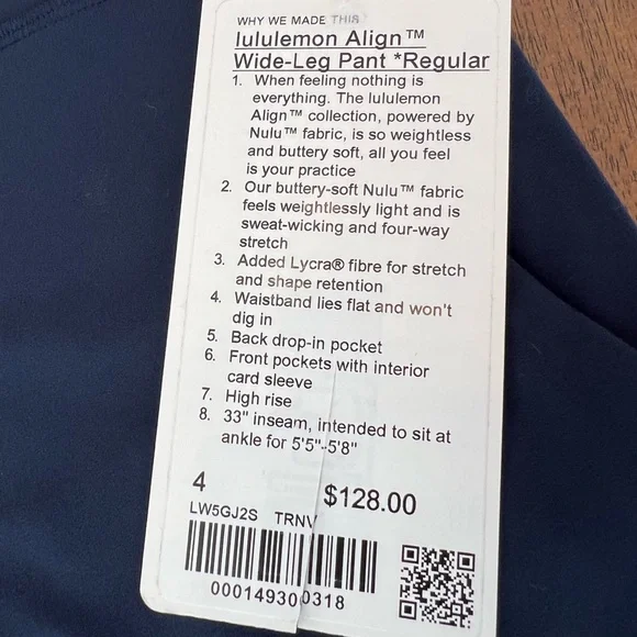 NWT Lululemon Align High Rise Wide Leg Pant Navy Size 4- 33” length - Picture 3 of 8